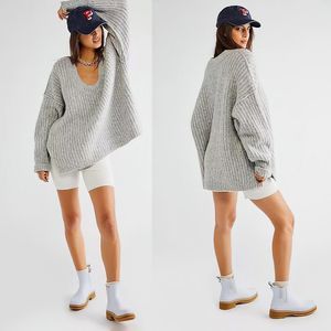 🚨SALE🚨 Free People Womens Blue Bell V Neck Oversize Sweater Light Heather Gray